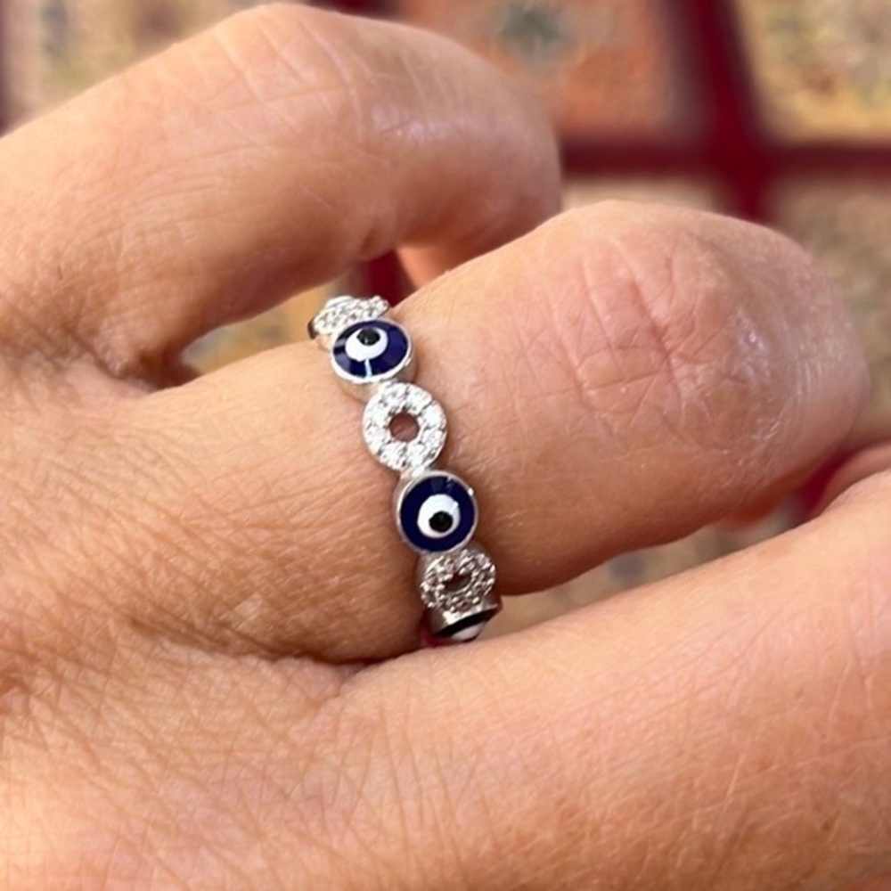 Evil Eye Eternity Band in Sterling Silver sizes 6 7 8 9 with clear and Blue CZ